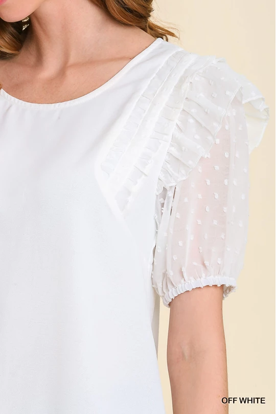  Mesh Polka Dot Puff Sleeve Top with Ruffle Trim Shoulder with No Lining image 2
