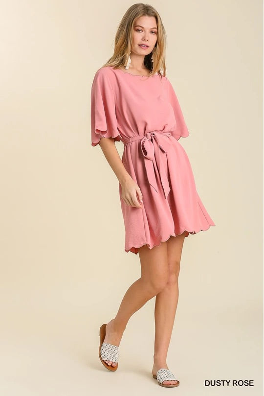 Bell Sleeve Scalloped Round Neck Dress with Waist Tie and Scalloped Hem & No Lin image 1