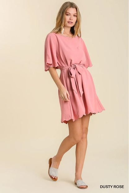 Bell Sleeve Scalloped Round Neck Dress with Waist Tie and Scalloped Hem & No Lin image 1