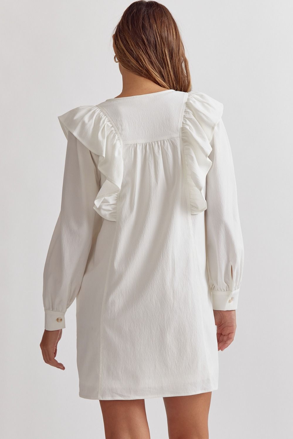 White v-neck button front long sleeve mini dress image 3