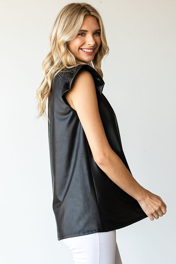 Faux Leather Ruffle Neck Flutter Sleeve Top image 4