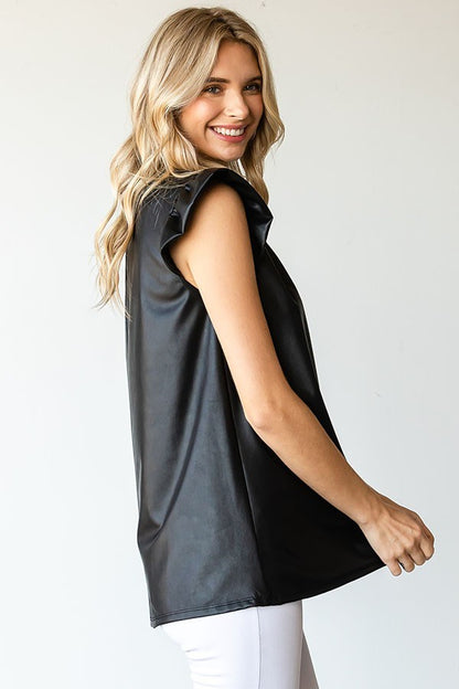 Faux Leather Ruffle Neck Flutter Sleeve Top image 4
