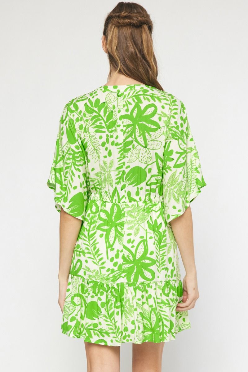 Green floral print v-neck 1/2 sleeve mini dress image 3