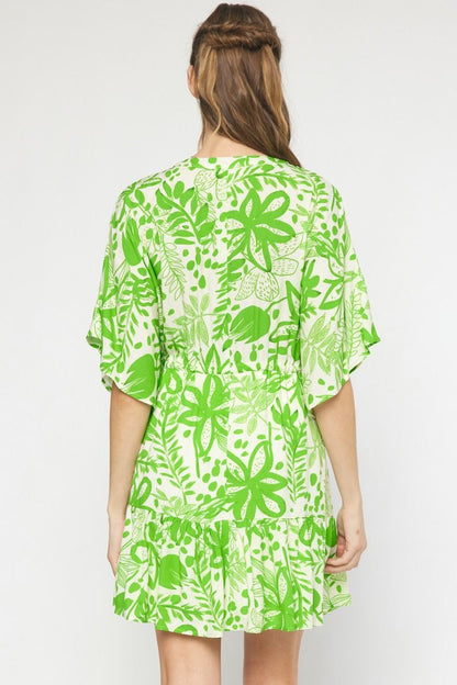 Green floral print v-neck 1/2 sleeve mini dress image 3