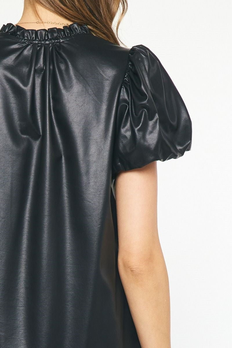 Black Faux leather short sleeve v-neck mini dress image 5