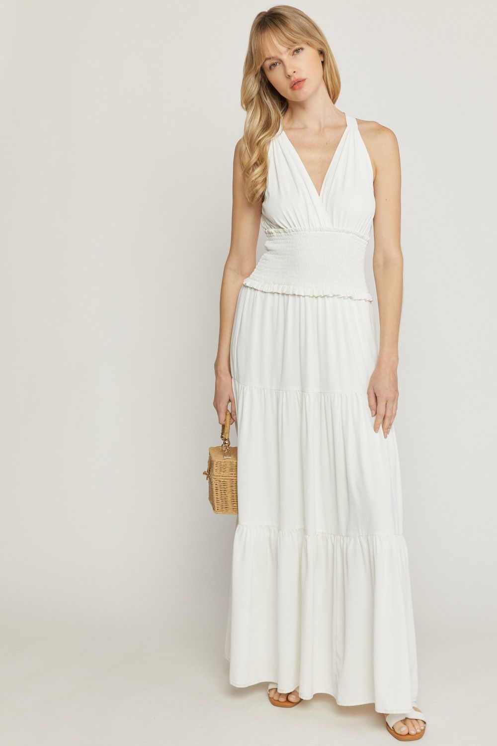 White solid v-neck sleeveless tiered maxi dress image 4