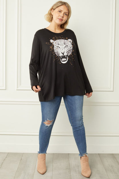 Black tiger print graphic scoop neck top image 4