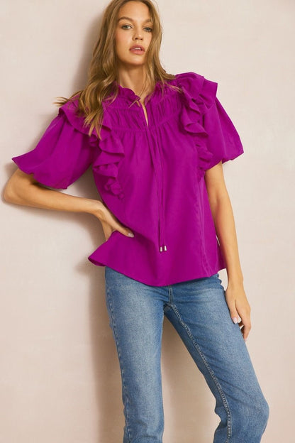 Solid Orchid Color Bubble Sleeve Top image 0
