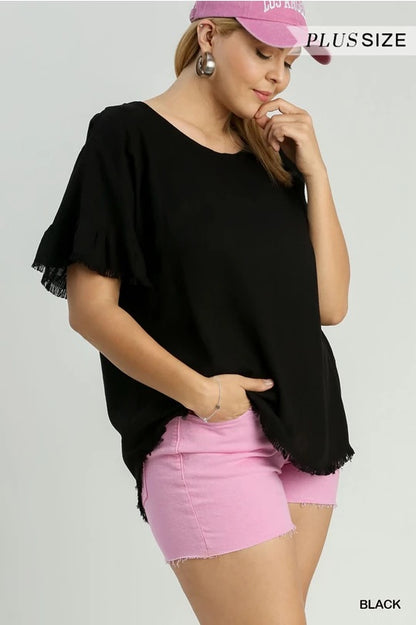 Black Linen Blend Round Neck Ruffle Sleeves Top image 2