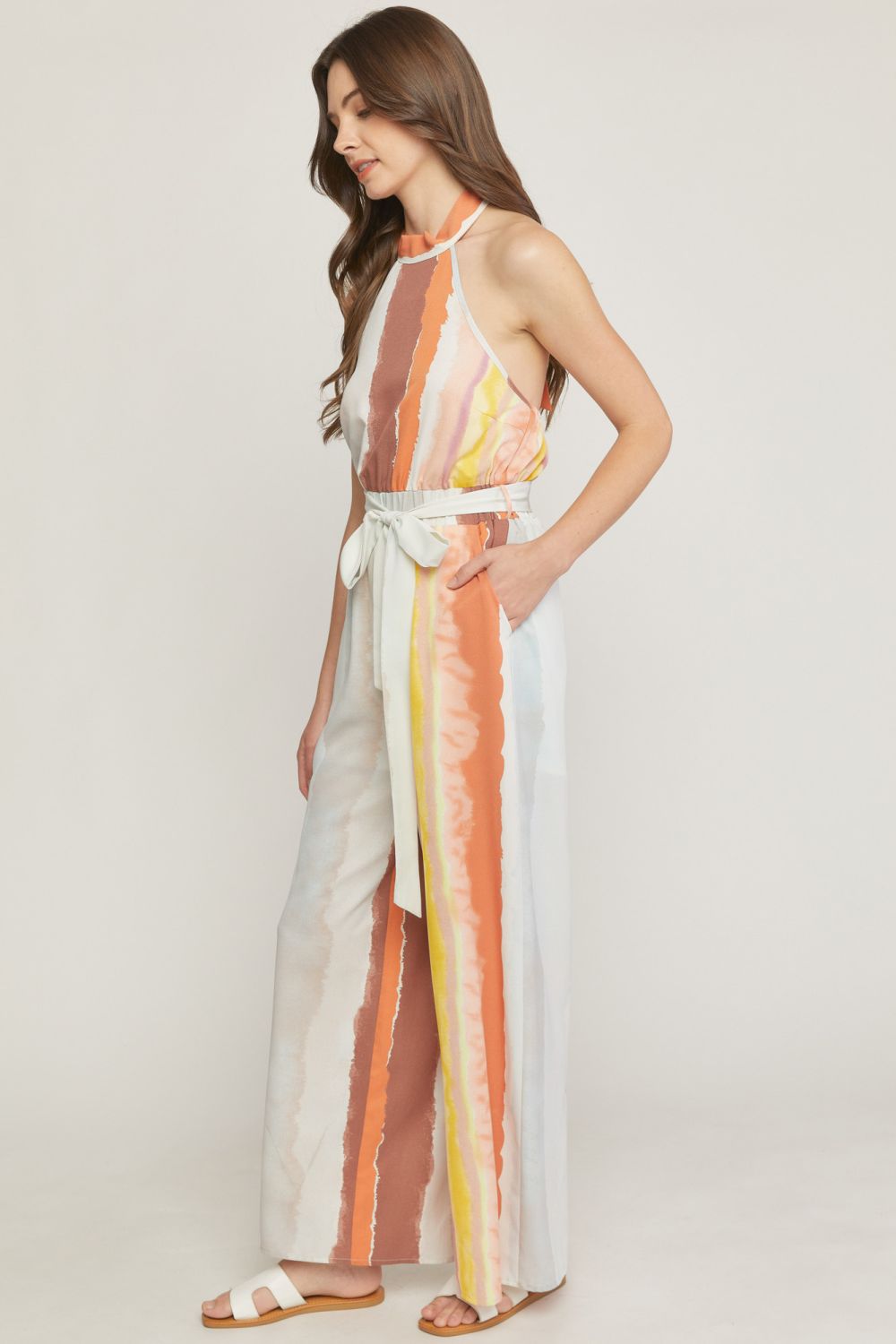 Print high neck sleeveless wide leg romper  image 1