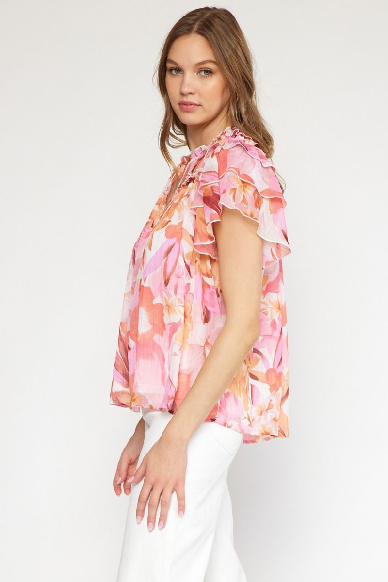 Floral print v-neck ruffle sleeve top featuring self tie at front neck. image 2