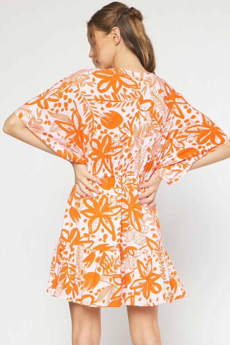 Orange Floral print v-neck 1/2 sleeve mini dress image 3