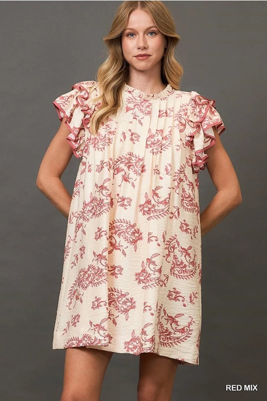 Red Mix Paisley Print Tiered Mini Dress image 0