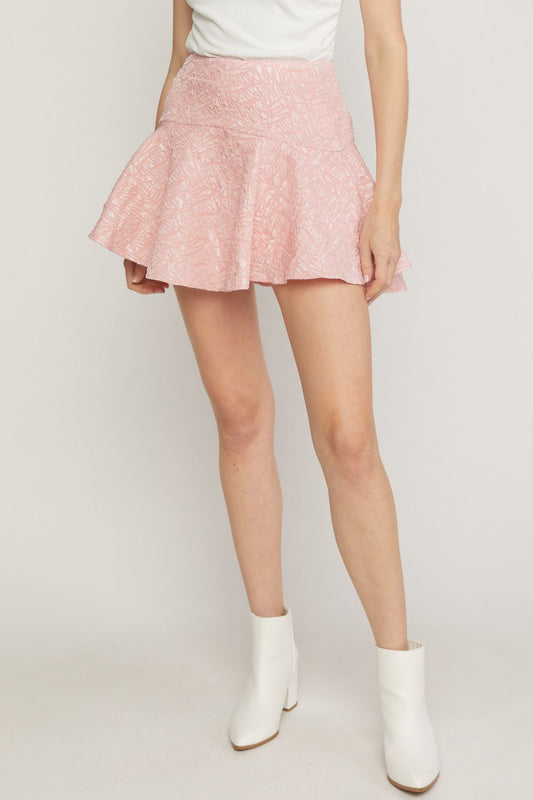 Pink solid textured flare mini skirt featuring inset shorts. image 0
