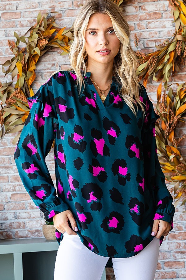 Leopard Print Split Neck Long Sleeve Blouse image 5