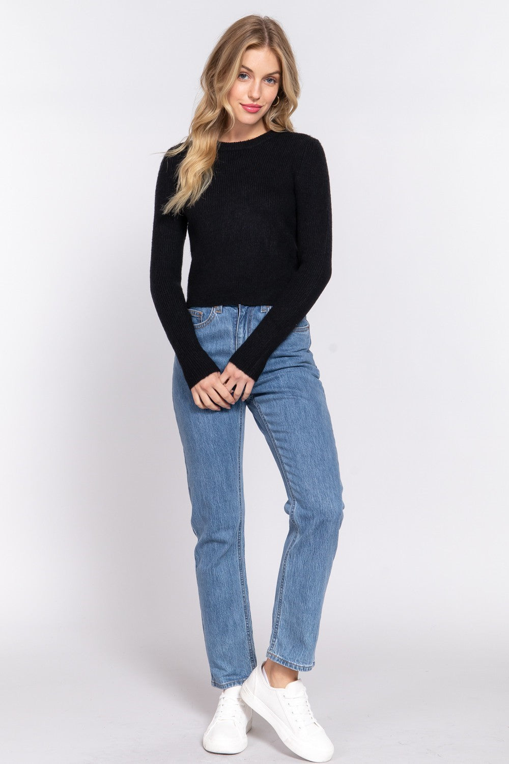 Long Sleeve Crew Neck Sweater Top - Black image 3