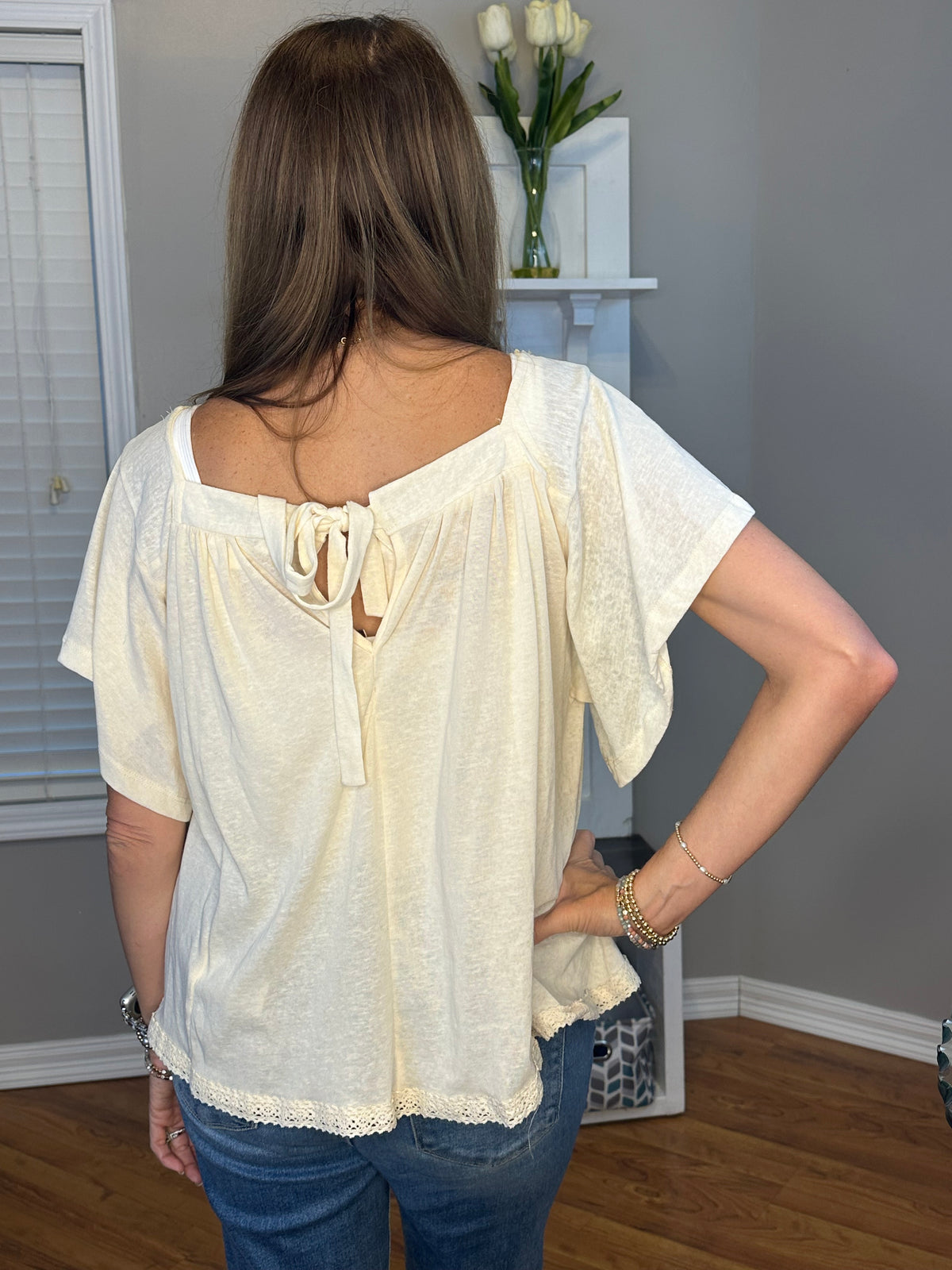Square Neck Wide Sleeve Top with Knit Hem Detail and Back Tie