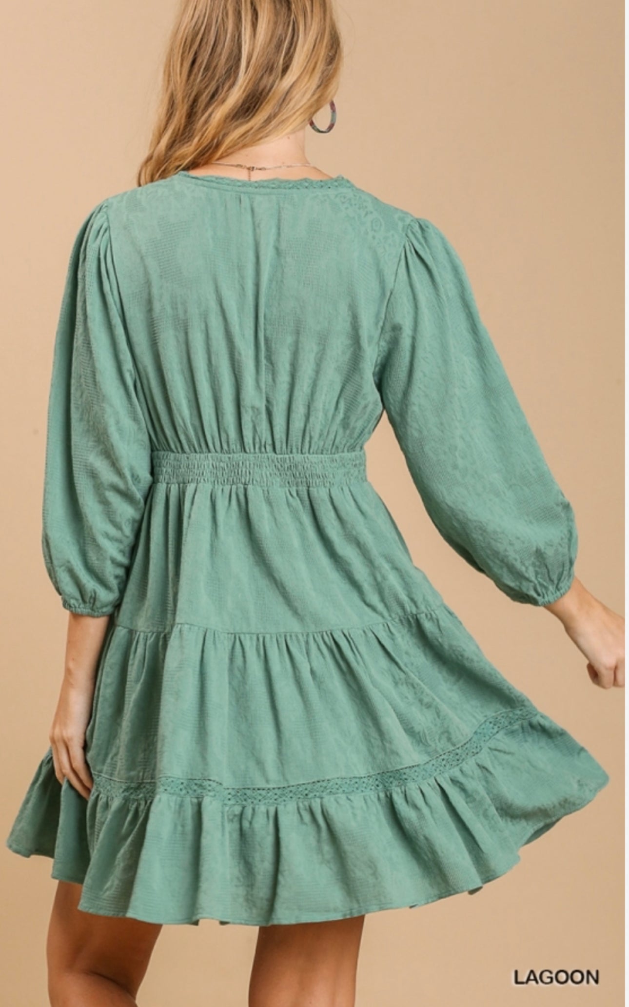 Lagoon Eyelet Detail Tiered Dress 3/4 Sleeves with No Lining image 4