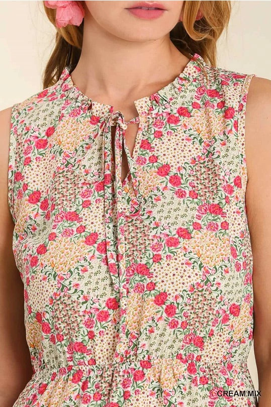 Floral Print Sleeveless Maxi Dress with Ruffle Trim Neck Line image 4
