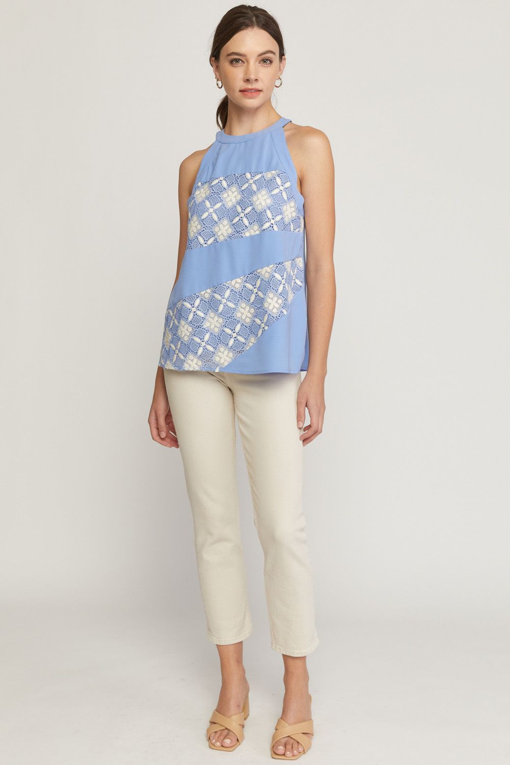 Periwinkle solid halter neck sleeveless top featuring crochet detail at front.  image 4