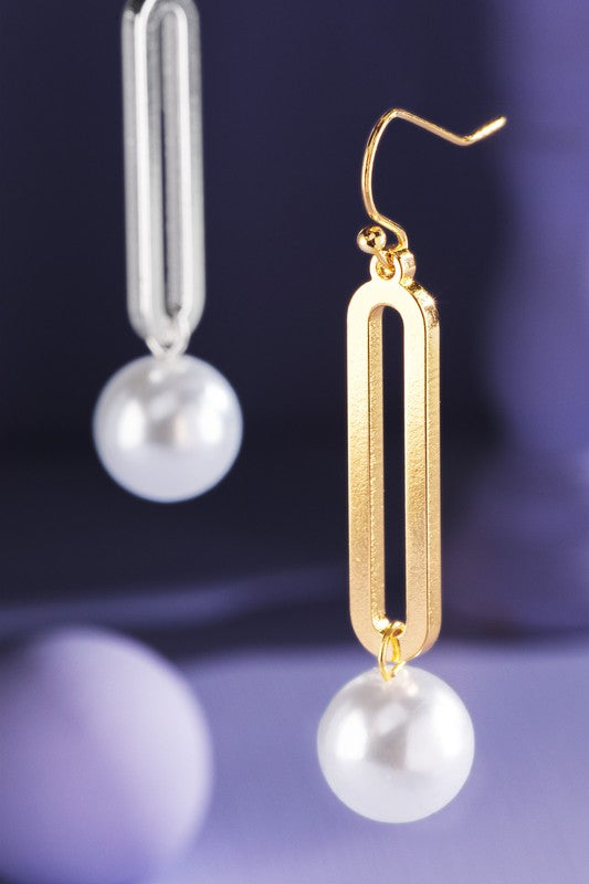 Silver pearl oval metal fishhook earrings image 1