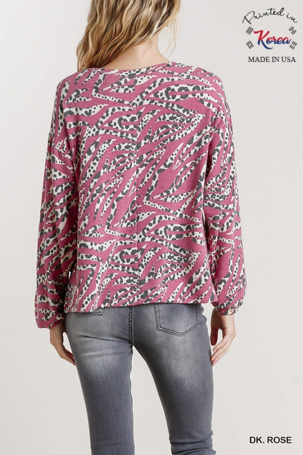 Dk Rose French Terry Animal Print Round Neck Long Sleeve Top with Side Slits image 1
