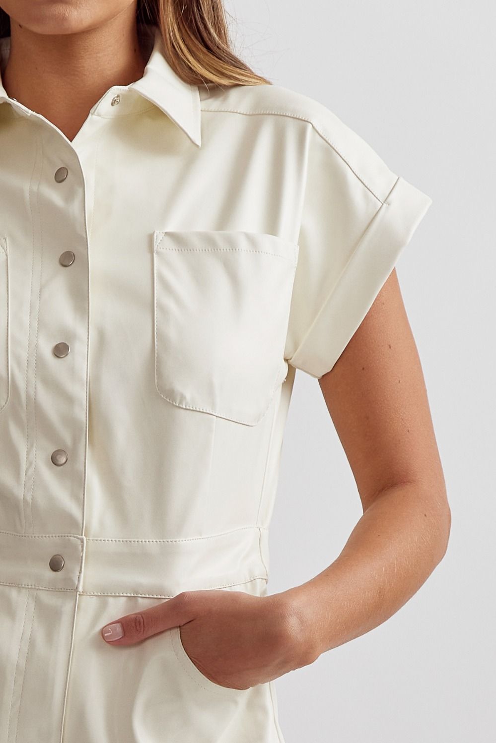 Faux leather collared button up romper  image 5