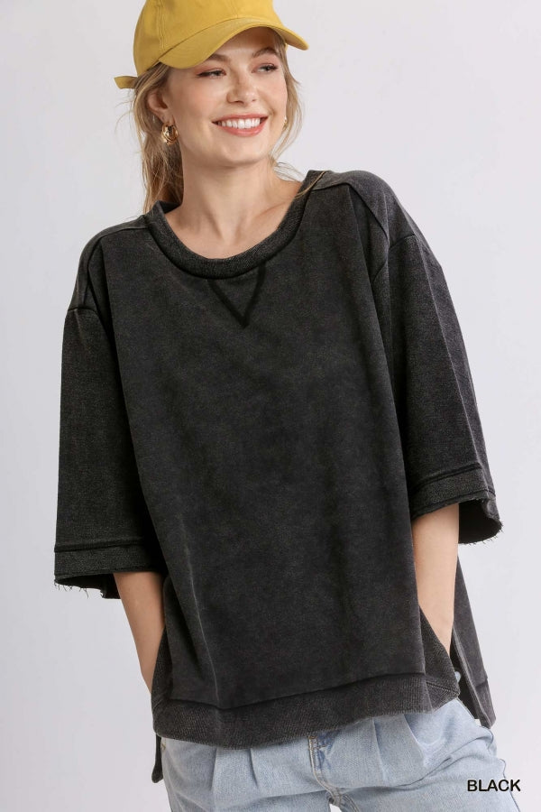Black Mineral Wash Crew Neck 3/4 Sleeve Top with Side Split image 0