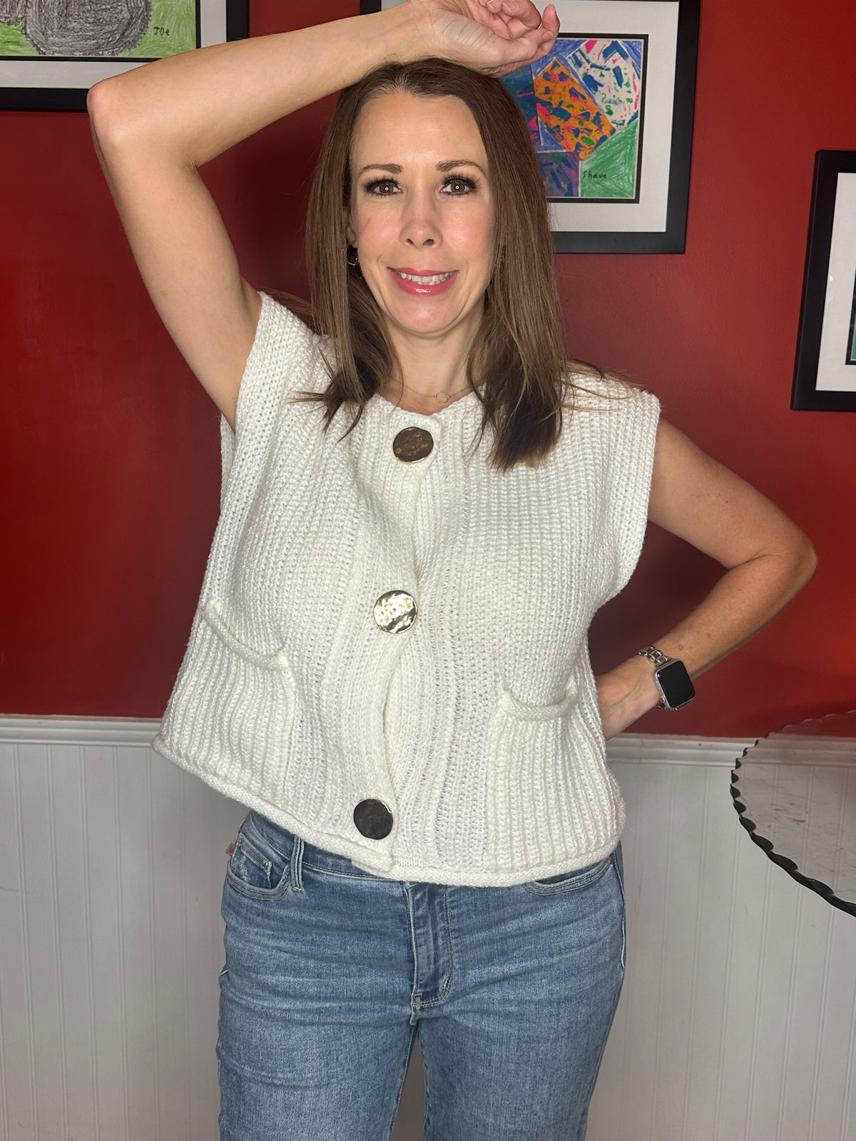 SO ME Big Metal Button Front Sweater Vest