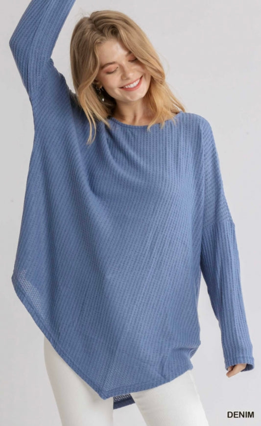 Blue Waffle Knit Long Sleeve Round Neck Top with Asymmetrical Hem image 0