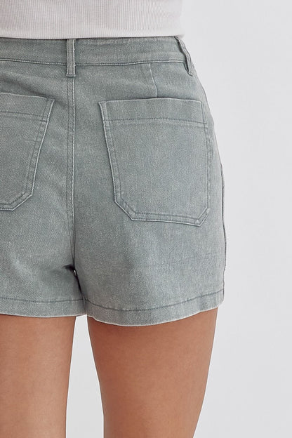 Sea foam Colored high waisted denim shorts featuring pockets at side.  image 6