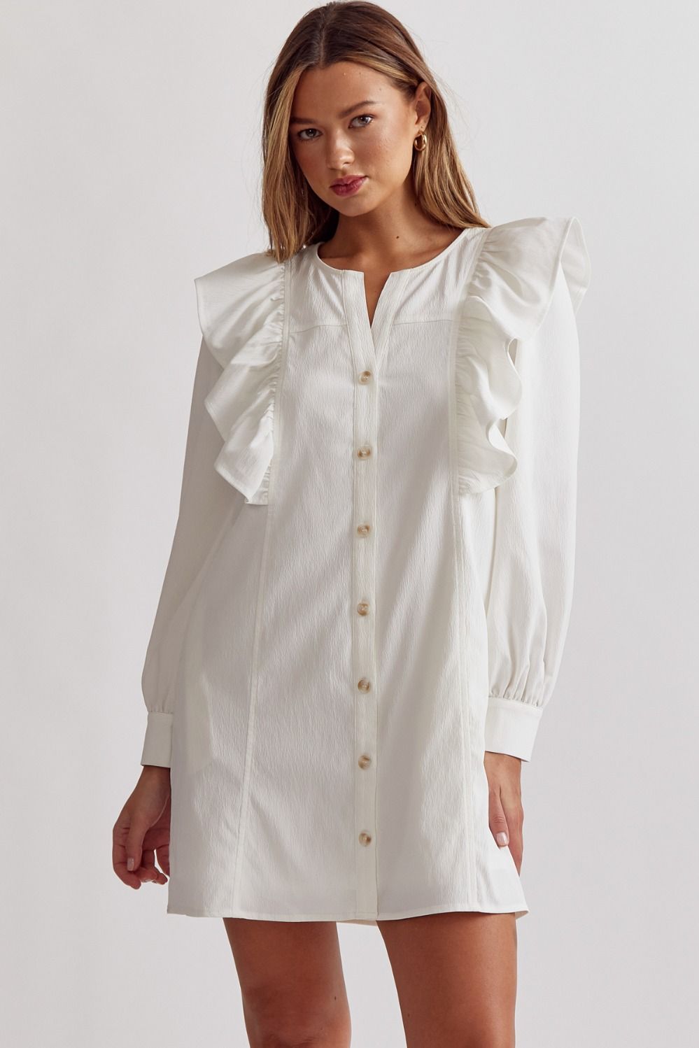 White v-neck button front long sleeve mini dress image 0