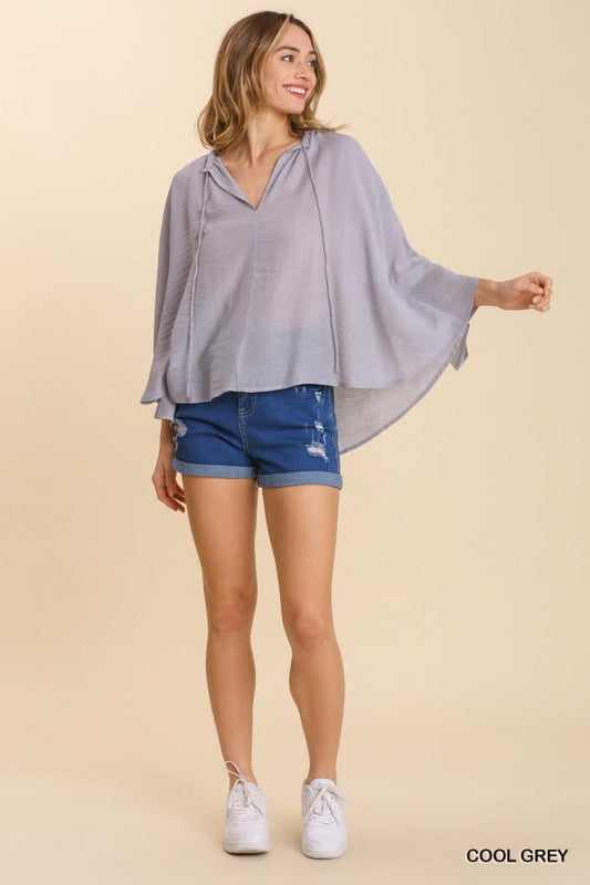 Sheer Textured Detail Flowy Cape Tie Front Top with Slit Sleeves image 0