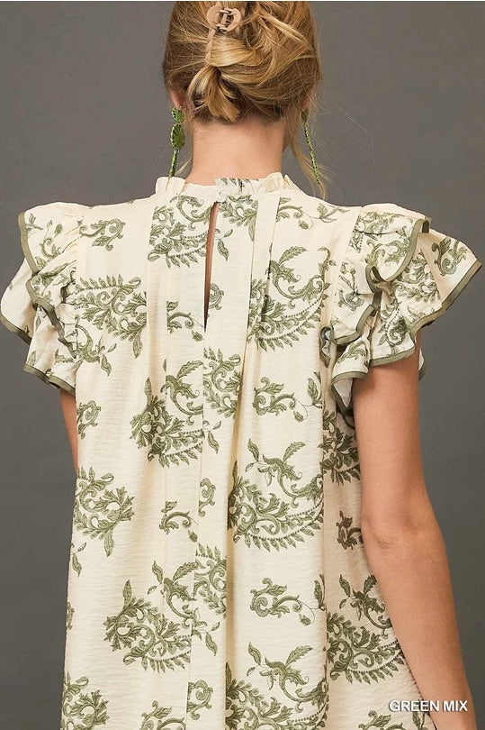 Green Paisley Print Tiered Mini Dress image 3