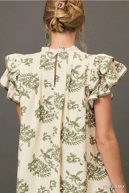 Green Paisley Print Tiered Mini Dress image 3