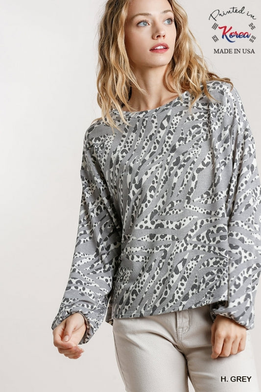 Grey French Terry Animal Print Round Neck Long Sleeve Top with Side Slits image 0