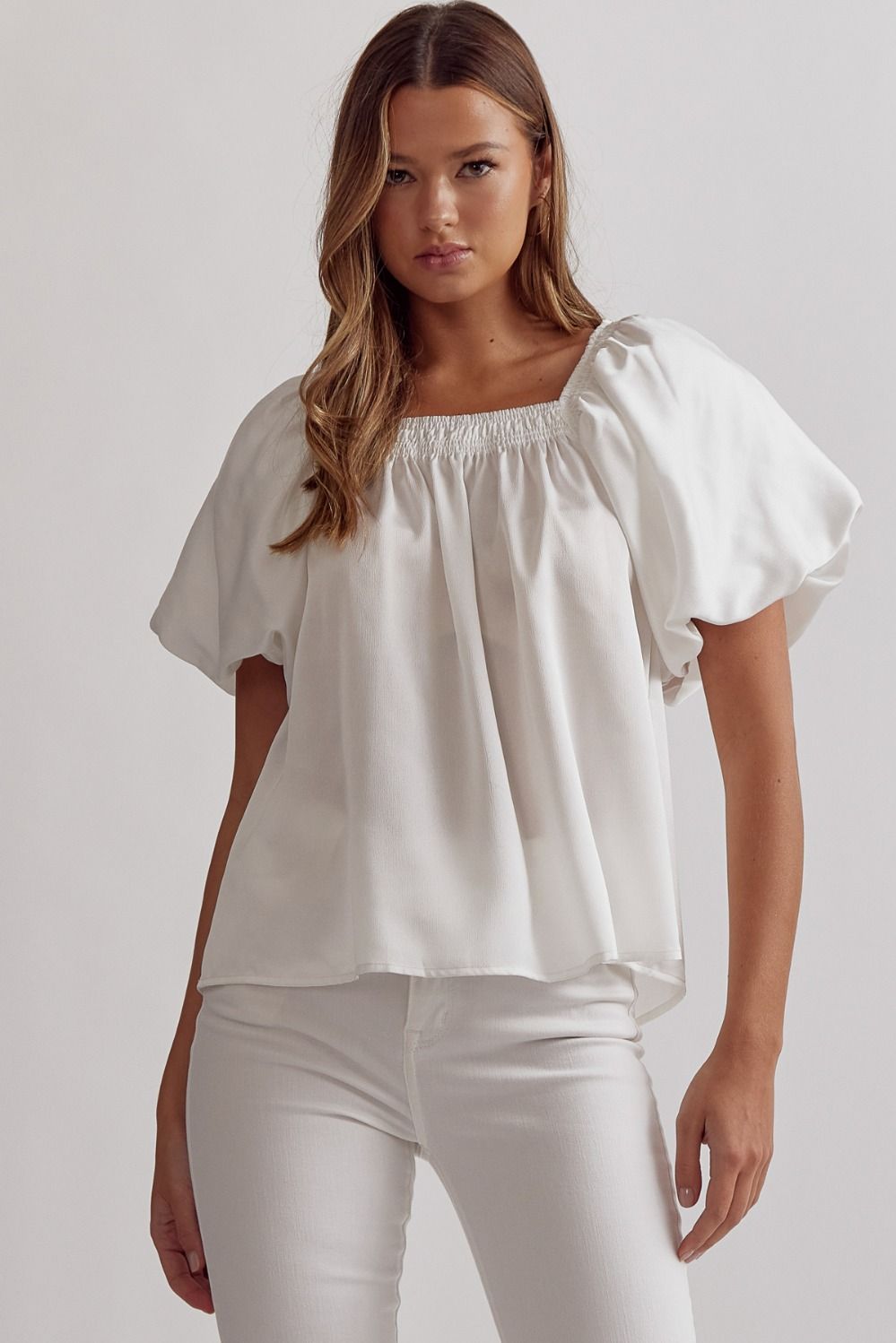 Off white satin square neck bubble sleeve top image 0