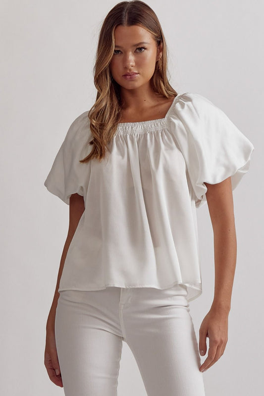 Off white satin square neck bubble sleeve top image 0