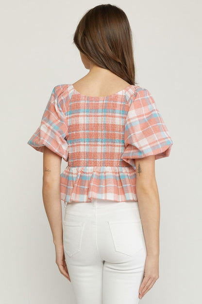 Peach plaid print v neck bubble sleeve peplum top image 3