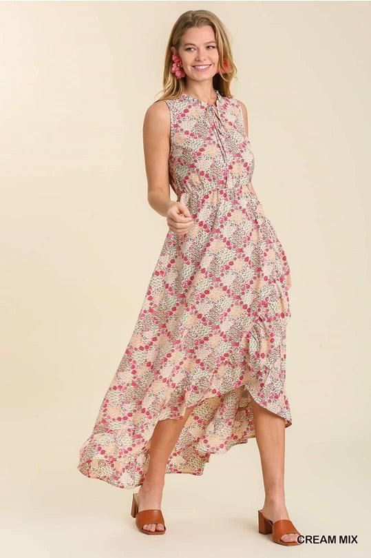 Floral Print Sleeveless Maxi Dress with Ruffle Trim Neck Line image 1