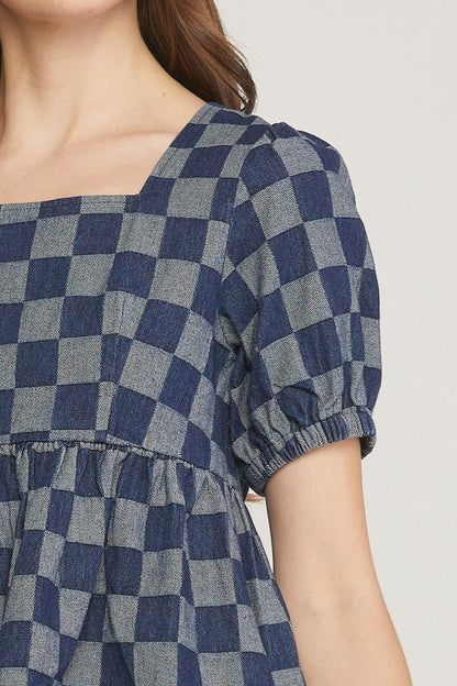 Checkered print denim square neck puff sleeve peplum top. image 5