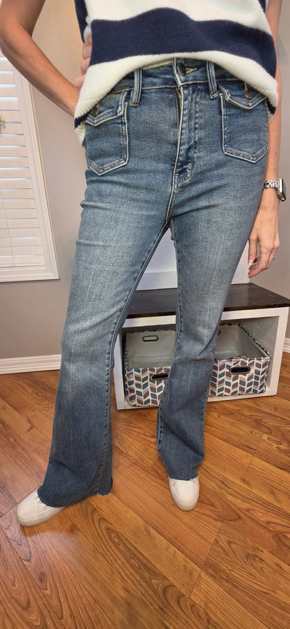Judy Blue Mid Rise Flare Jeans with Front Flap Pockets