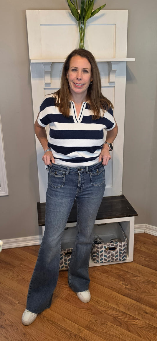 Judy Blue Mid Rise Flare Jeans with Front Flap Pockets