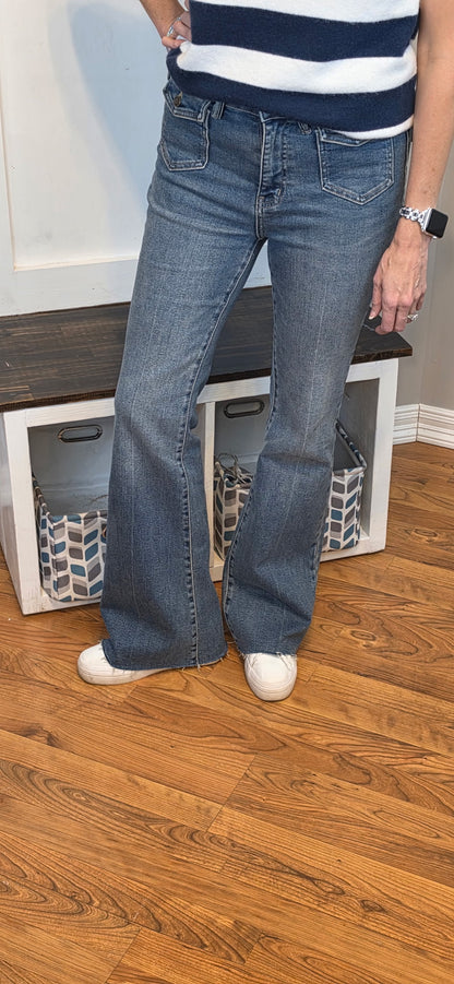 Judy Blue Mid Rise Flare Jeans with Front Flap Pockets