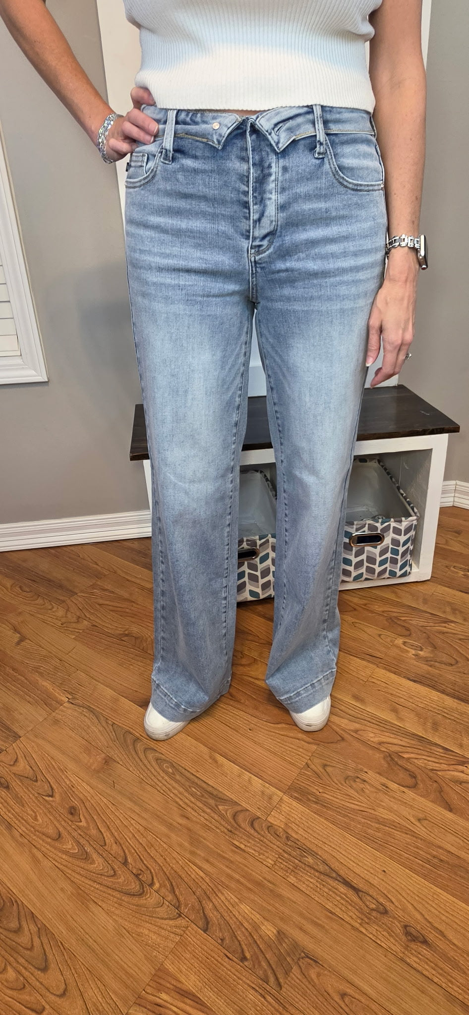 Judy Blue Mid Rise Retro Wide Leg Jeans with Fold-Over Waistband