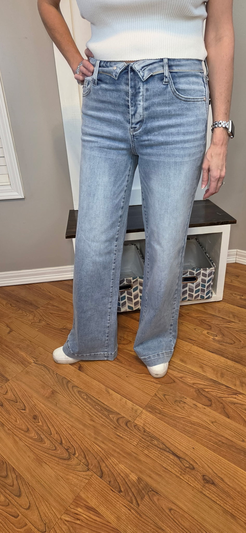 Judy Blue Mid Rise Retro Wide Leg Jeans with Fold-Over Waistband