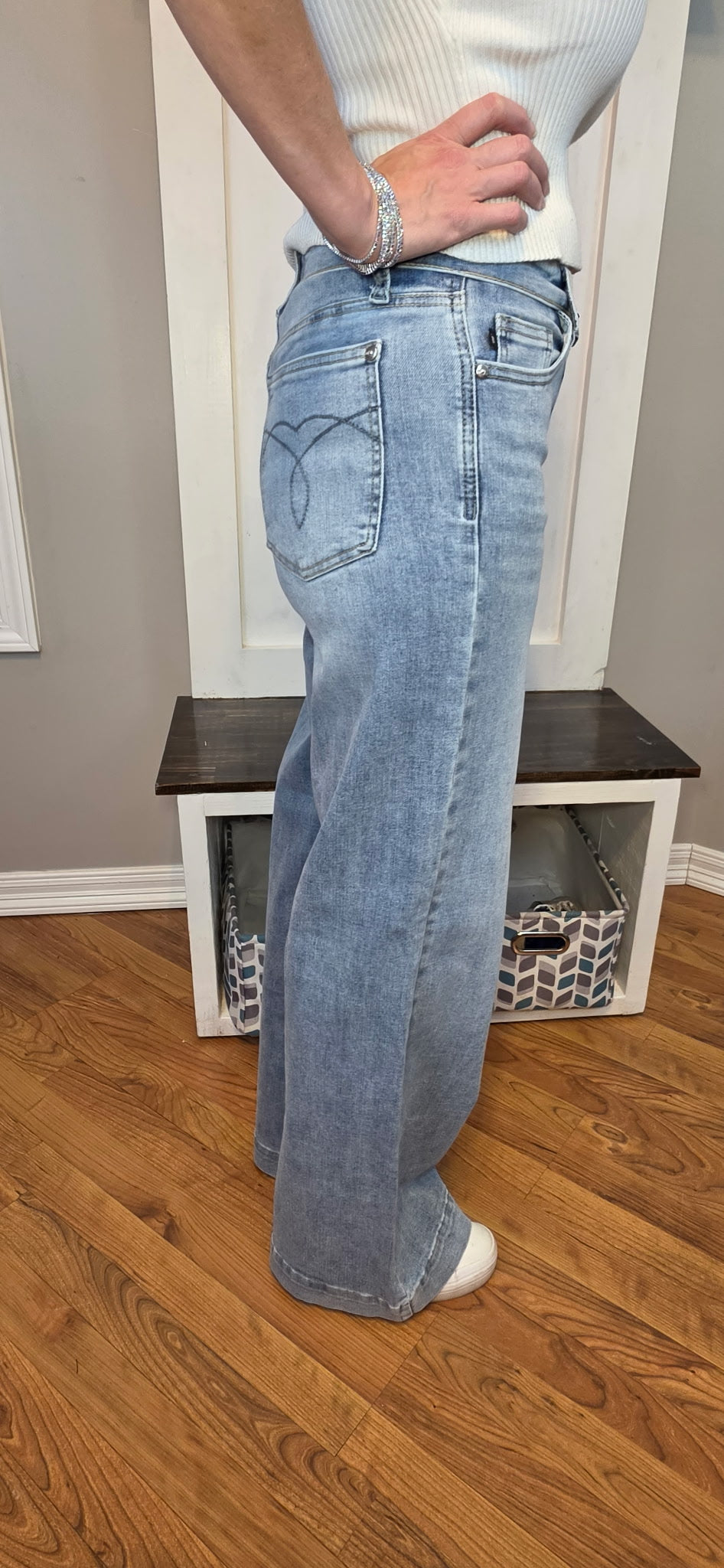 Judy Blue Mid Rise Retro Wide Leg Jeans with Fold-Over Waistband