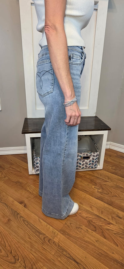 Judy Blue Mid Rise Retro Wide Leg Jeans with Fold-Over Waistband