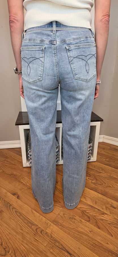 Judy Blue Mid Rise Retro Wide Leg Jeans with Fold-Over Waistband