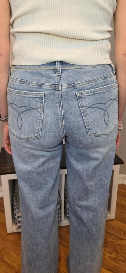 Judy Blue Mid Rise Retro Wide Leg Jeans with Fold-Over Waistband
